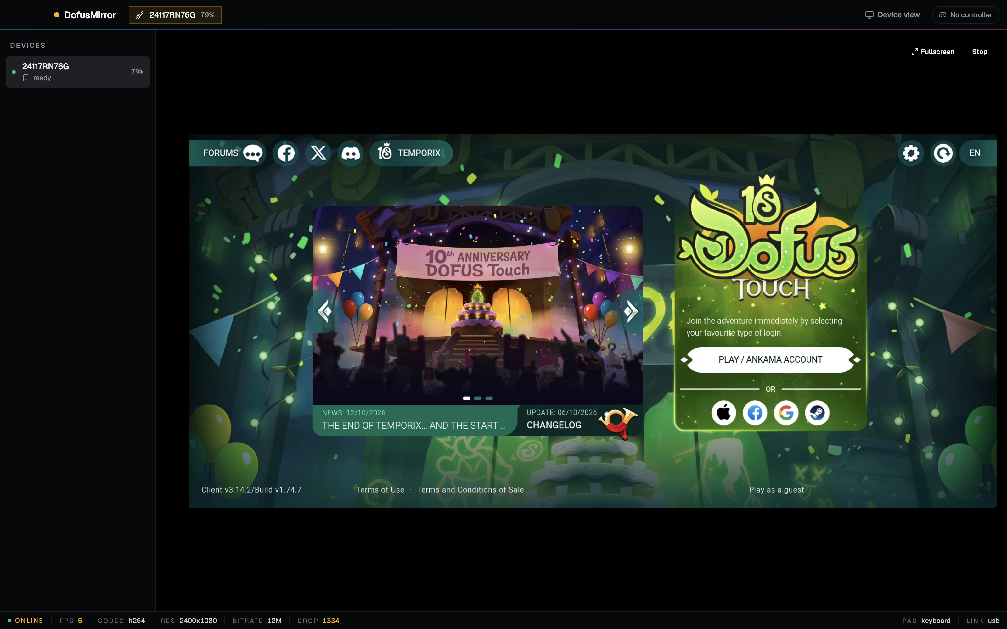 DofusMirror desktop app mirroring the Dofus Touch login screen from a USB-connected phone, with live FPS, codec, resolution and bitrate status